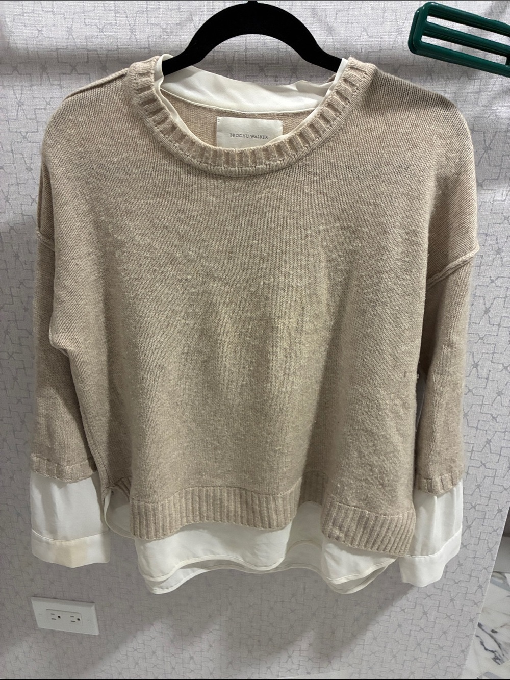 Brochu Walker Beige Crewneck Sweater with White Layered Hem